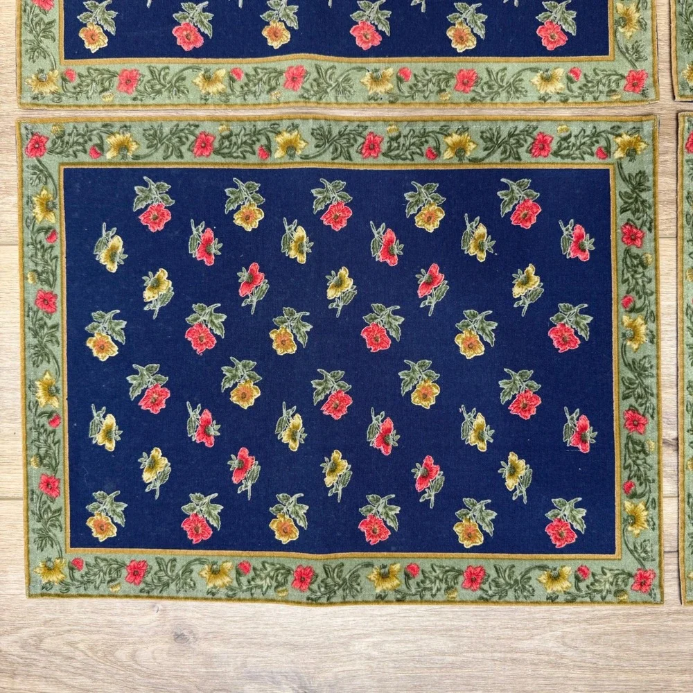 Vintage Floral Placemats Set of‎ 4 Navy Blue Sage Green Red Yellow Cottagecore